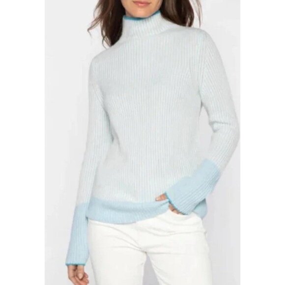 $470! KINROSS 100% Cashmere Womens Sweater Funnel Neck Contrast Trim Sz M Luxury - Picture 1 of 8